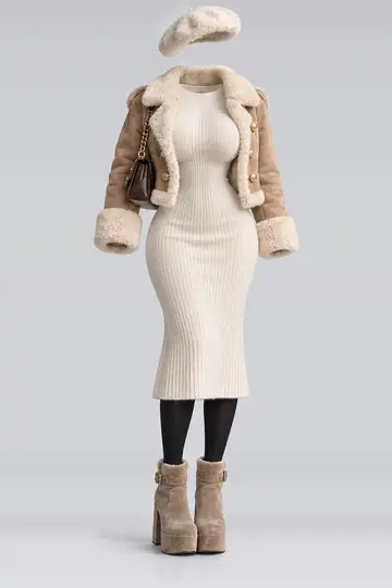 Ivory knit dress + gold jacket