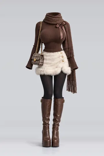 Brown turtleneck + knit ribbon