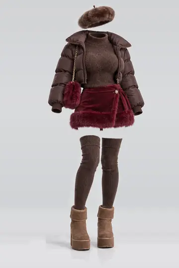 Brown knit top + red fur mini skirt