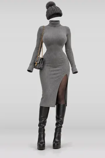 Grey knit dress + black tights