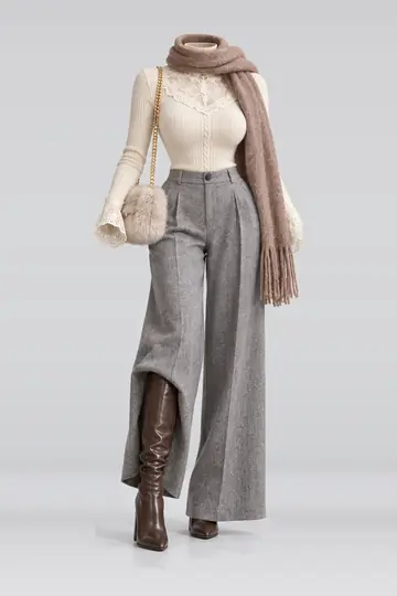 Ivory lace knit top + silver grey wool trousers
