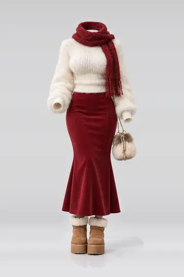 Ivory knit top + red corduroy skirt
