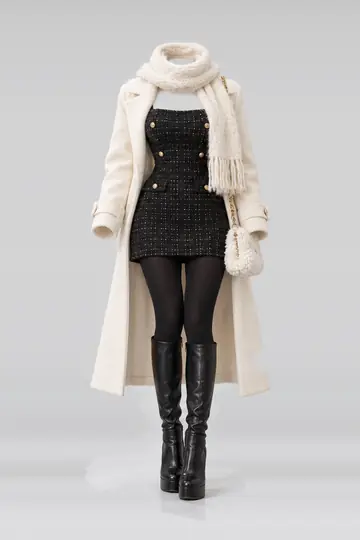 Black mini dress + wool coat
