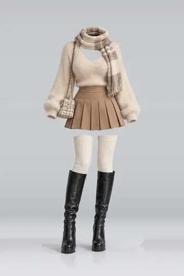 Beige knit pleated mini skirt + socks