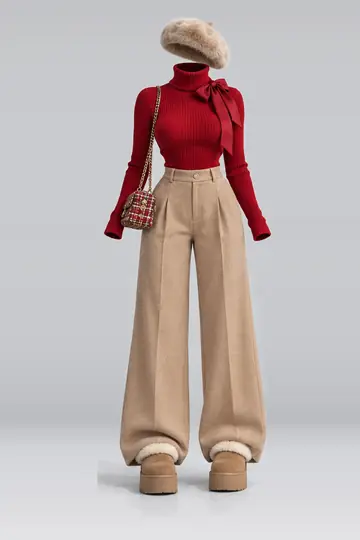 Red turtleneck + knit ribbon wool trousers