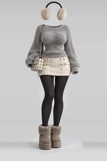Grey knit top + cream mini skirt