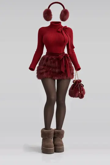 Red turtleneck + knit ribbon fur mini skirt