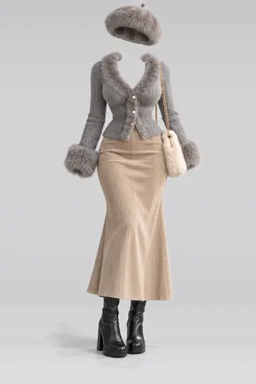 Grey fur knit cardigan + beige corduroy skirt