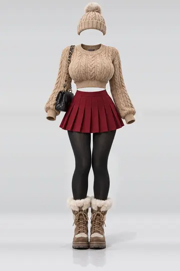 Knit sweater + red pleated mini skirt