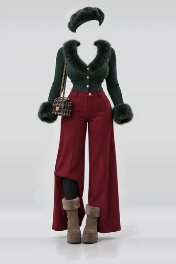 Green fur knit cardigan + red wool trousers