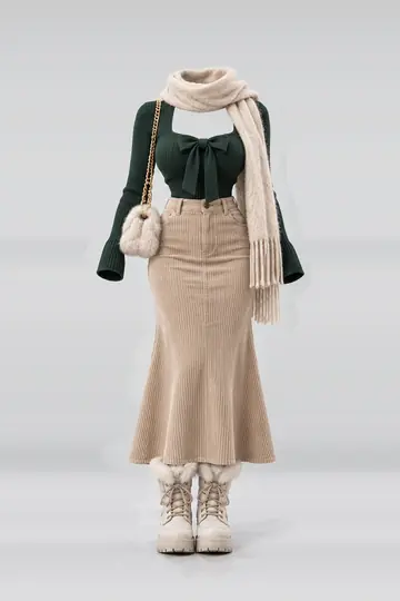 Green knit top + beige corduroy skirt