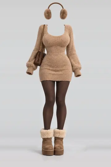 Knit mini dress + brown tights
