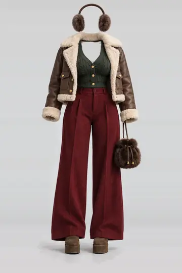 Green fur knit cardigan + red wool trousers