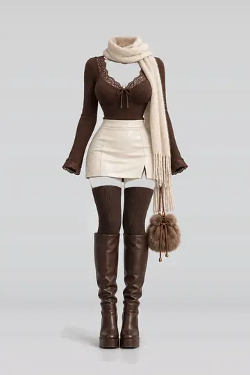 Brown lace knit top + ivory leather mini skirt
