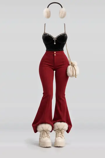 Black velvet camisole + red trousers