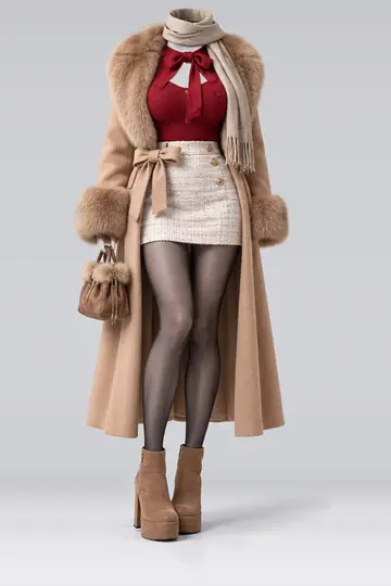 Red knit top + cream mini skirt