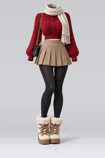Red knit sweater + pleated mini skirt