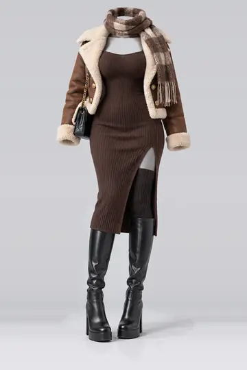 Brown knit dress + gold jacket
