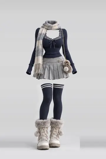 Navy lace knit top + silver grey pleated mini skirt