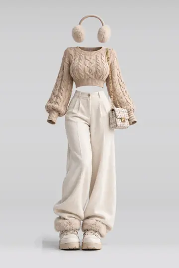 Beige knit sweater + ivory wool trousers