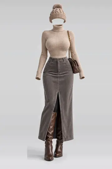 Beige knit top + grey corduroy skirt