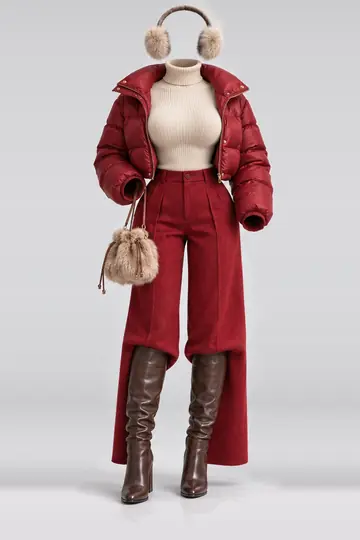 Beige knit top + red wool trousers