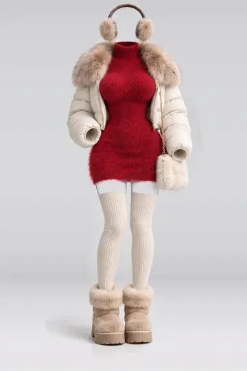 Red knit mini dress + fur jacket