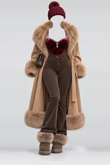 Red velvet camisole + brown trousers