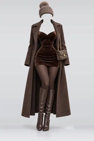 Brown velvet mini dress + wool coat