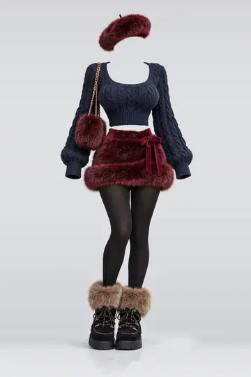 Navy knit sweater + red fur mini skirt