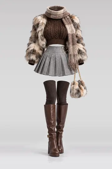 Brown knit sweater + silver grey pleated mini skirt