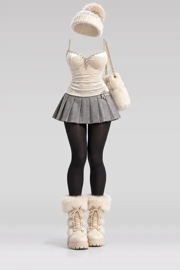 Cream velvet camisole + grey pleated mini skirt