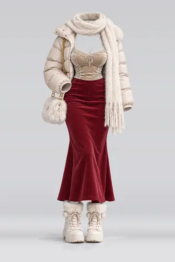 Beige velvet camisole + red corduroy skirt