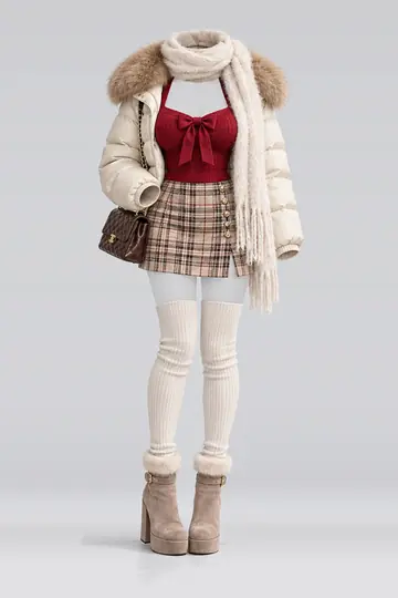 Red knit top + beige mini skirt