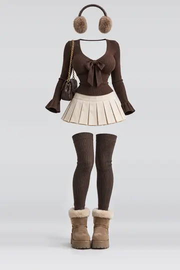 Brown knit top + cream pleated mini skirt