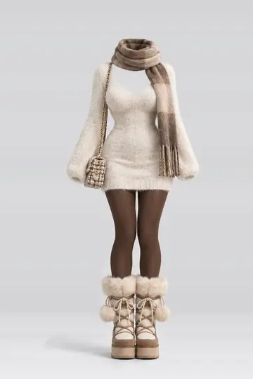 Cream knit mini dress + brown tights