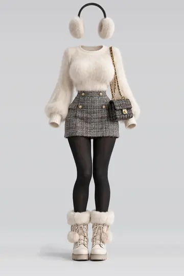 Cream knit top + grey mini skirt