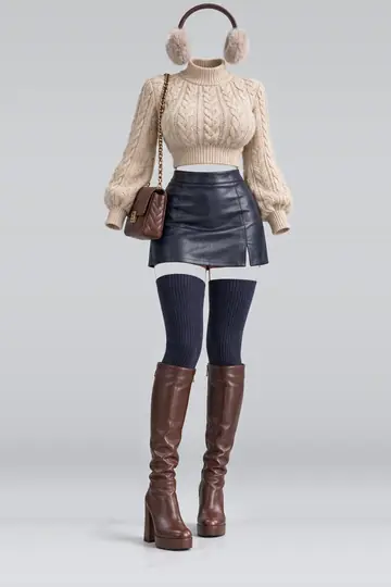 Beige knit sweater + navy leather mini skirt