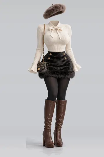 Cream knit top + black fur mini skirt