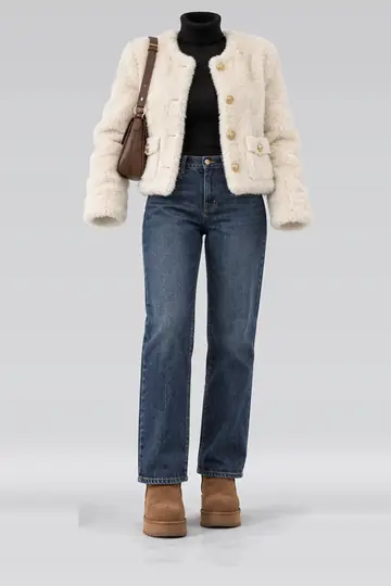 Cream gold fur jacket + black turtleneck