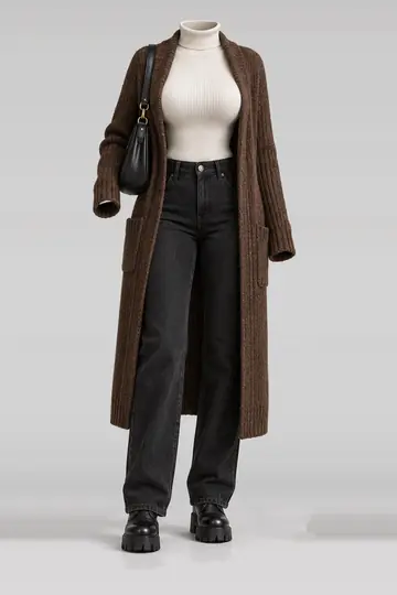 Brown cardigan + ivory turtleneck