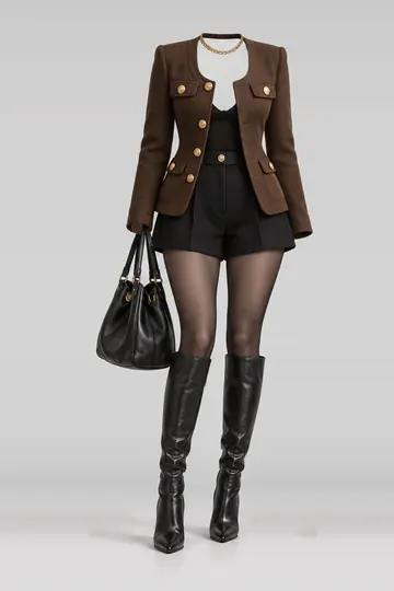 Brown gold jacket + black shorts