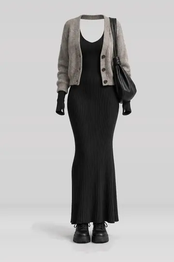 Black knit dress + beige cardigan
