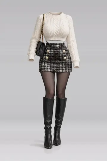 Ivory knit sweater + black white mini skirt