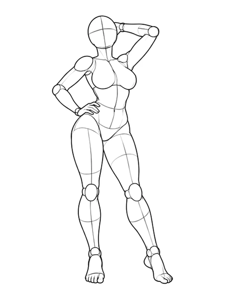 Standing, one hand behind head
