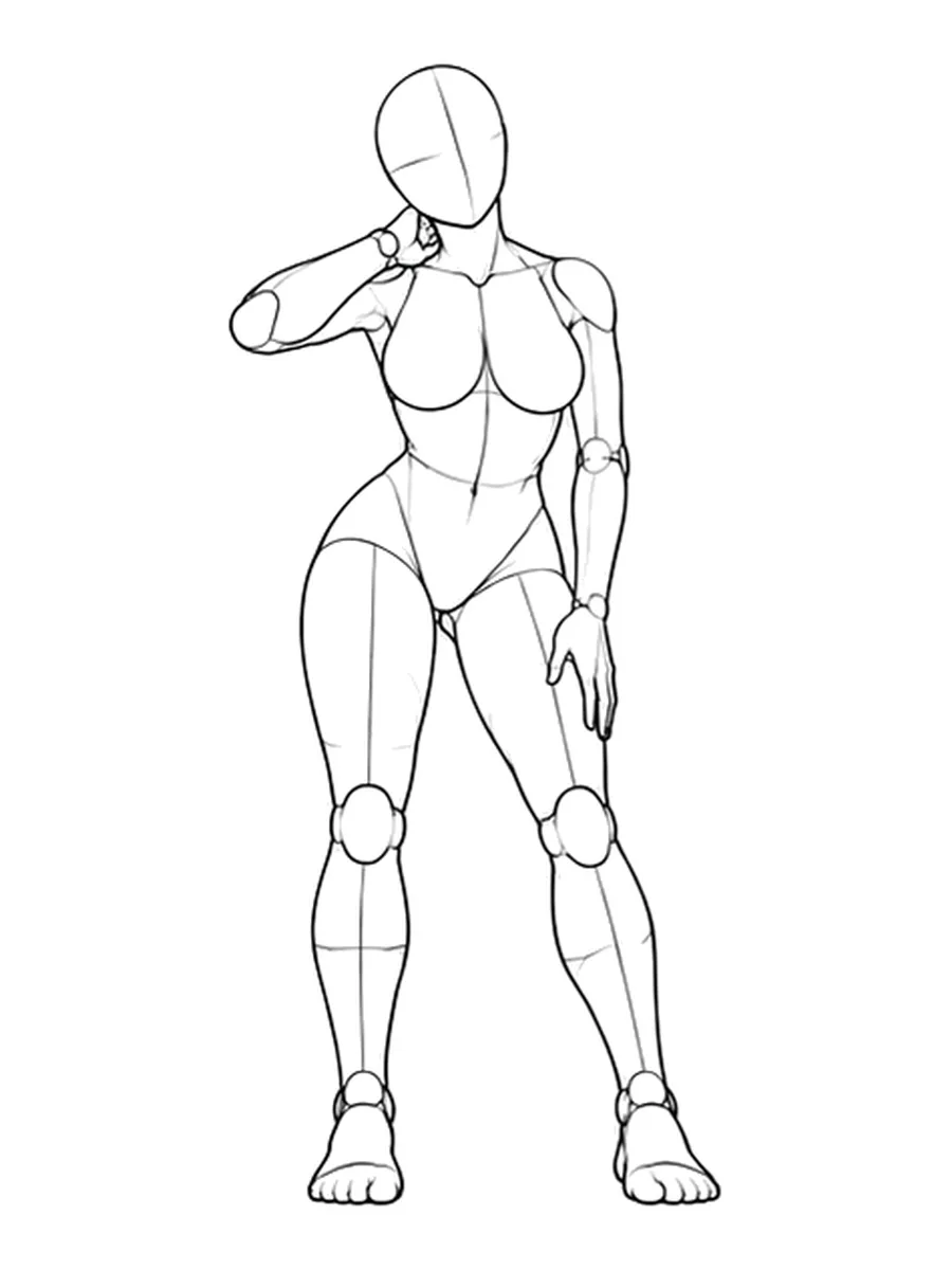 Standing, hands on neck and thigh