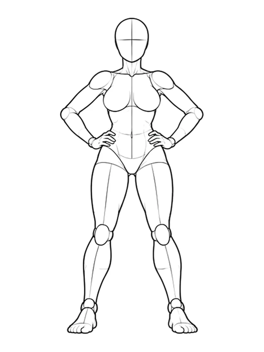 Standing legs apart, hands on hips