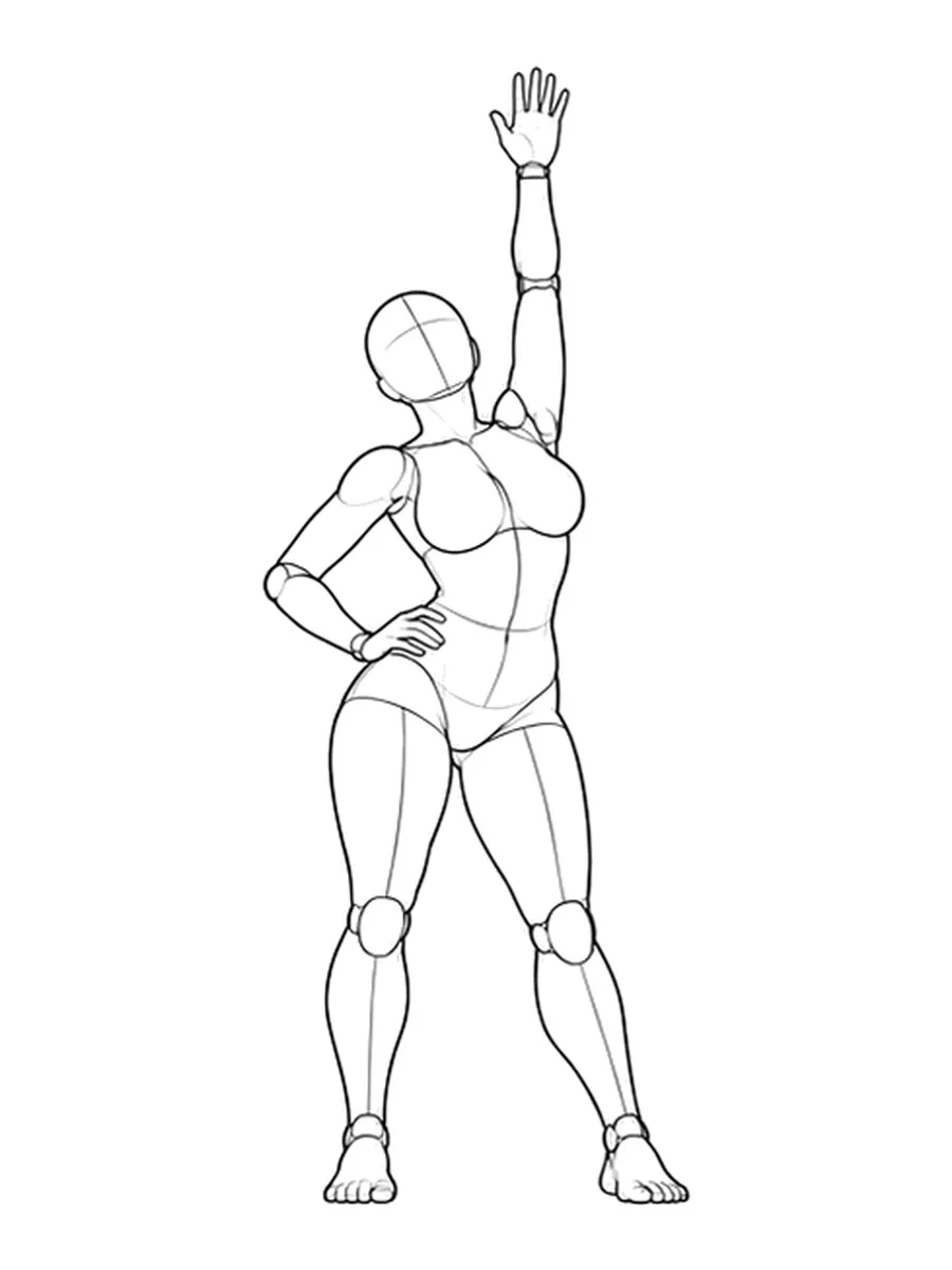 Standing, one arm raised, hip pushed out